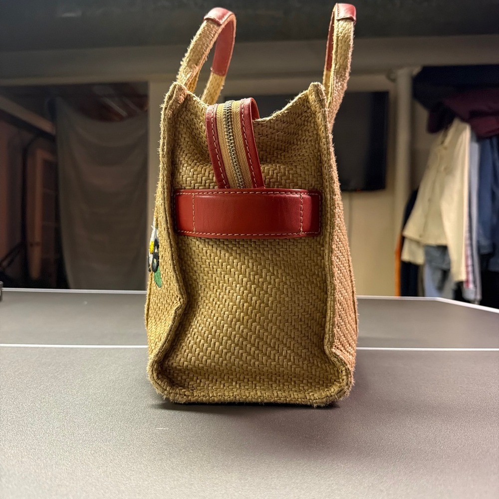 Marc Jacobs The Tote Bag Floral Embroidered Raffia Straw Small Tote Tan Red - Picture 10 of 10